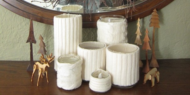 5 old cabled sweaters candles