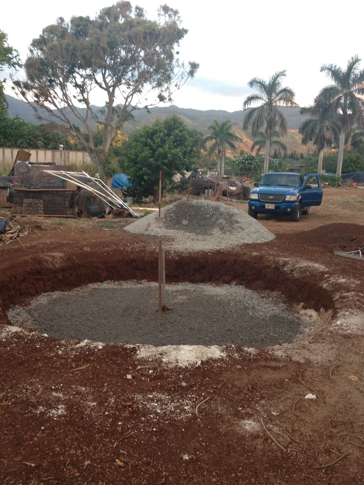 sunken site filled with gravel for earthbag dome