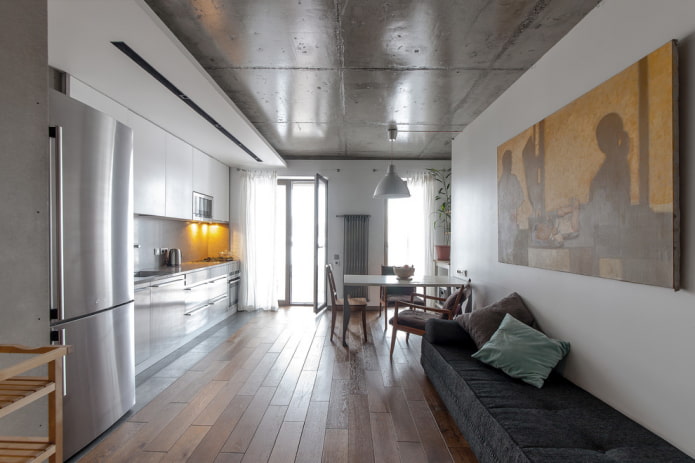 бетонный потолок в интерьере кухни