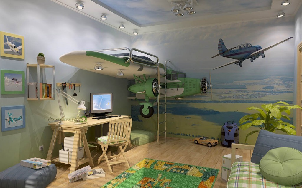 Детская кровать в комнате авиационного стиля