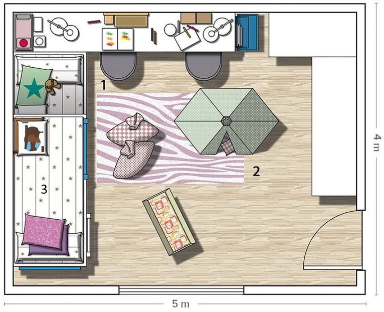 Схема планировки детской комнаты для девочки-школьницы