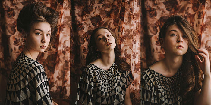 Triptych portraits of a girl using a curtain as a creative DIY background
