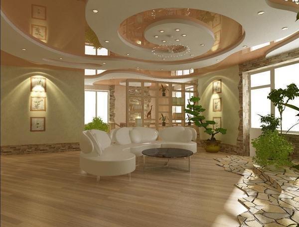 Фигурные потолки из гипсокартона могут использоваться в помещениях любого стиля: от классики до минимализма