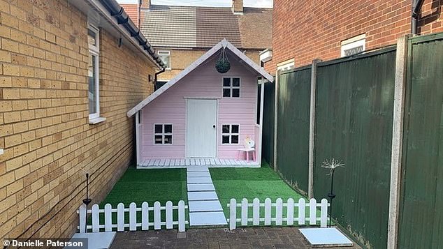 Creative Danielle made the fairy garden by using nine strips of artificial grass from Homebase which cost £4.95 each. Pictured, after the transformation