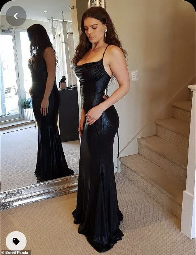 This woman was betrayed by her own reflection in the mirror as she posed for a picture in her formal wear but forgot to edit the mirror image too