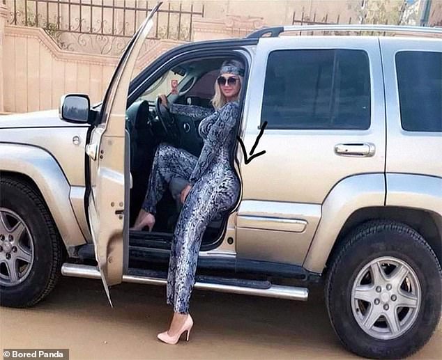 In attempt to make herself look more curvacious, this woman tried to edit her photo but was caught out when people spotted her car door frame was an odd shape