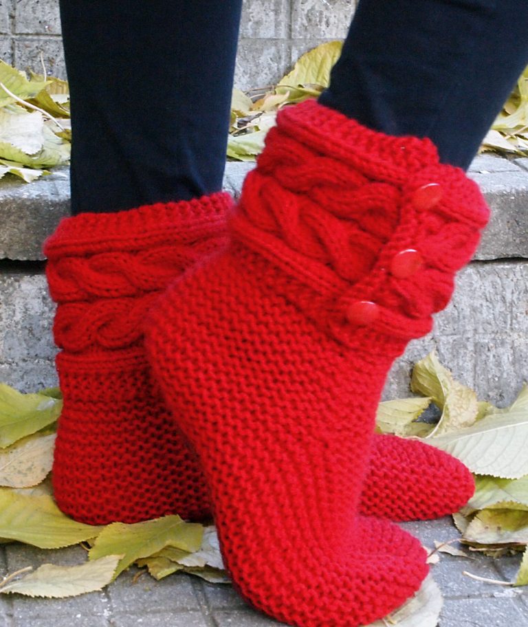 Free Knitting Pattern for Cable Cuff Boot Style Slippers