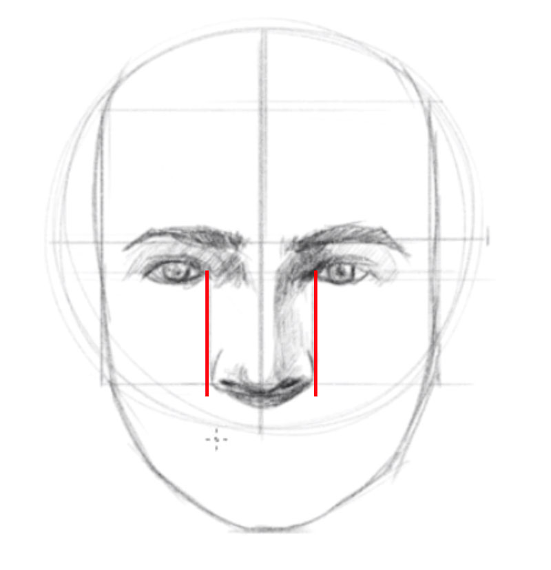 How to draw a face from the front - step - 6 - Locate and draw the nose