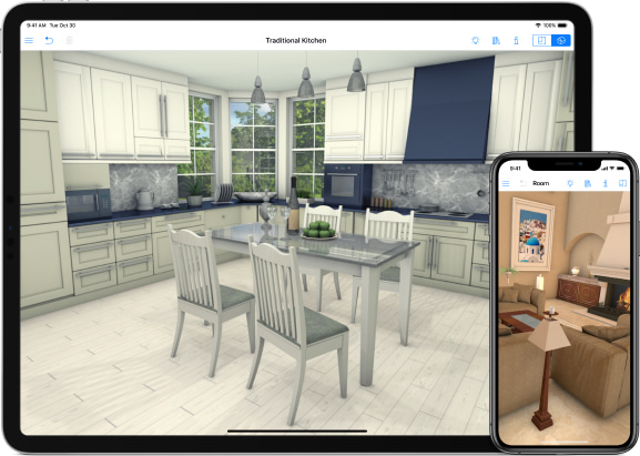 iPad and iPhone with traditional kitchen and living room designs in Live Home 3D iOS app