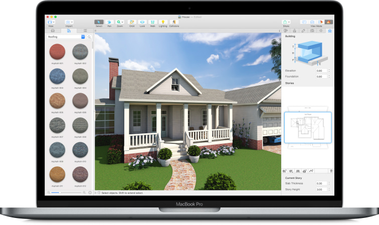 Live Home 3D app with a house project launched on a MacBook laptop