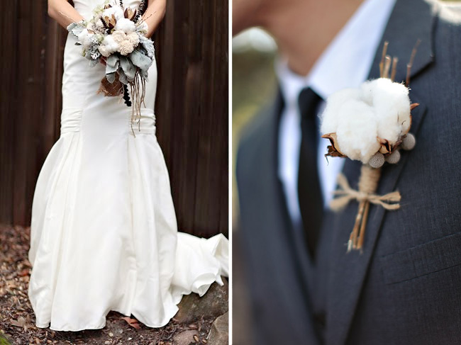 Cotton balls in bridal bouquet and boutonniere