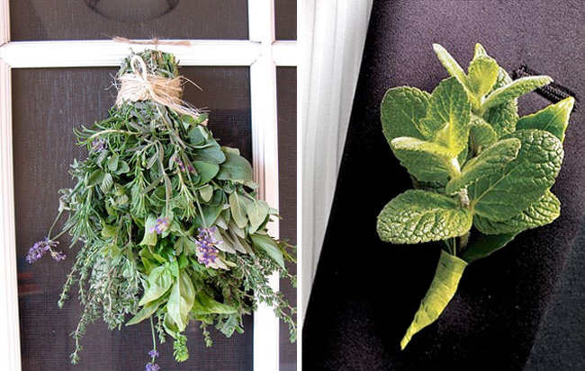  Bridal bouquet and boutonniere made of fresh and green herbs