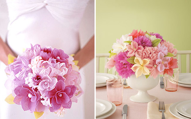 Bridal bouquet and centerpiece below are all made of tissue paper