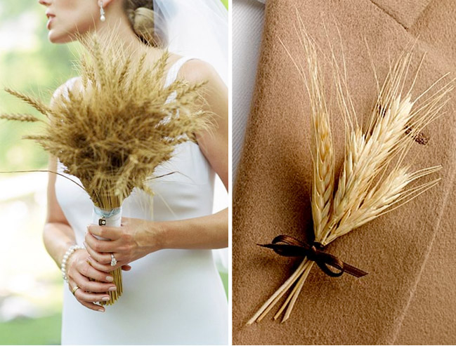 wheat bridal bouquet and wheat boutonniere with brown ribbon